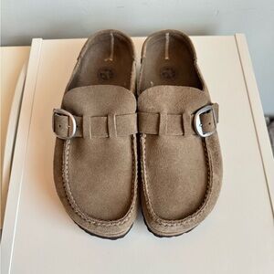 Birkenstock Buckley Sz 41 Suede Gray Taupe Clogs Excellent Narrow/Standard